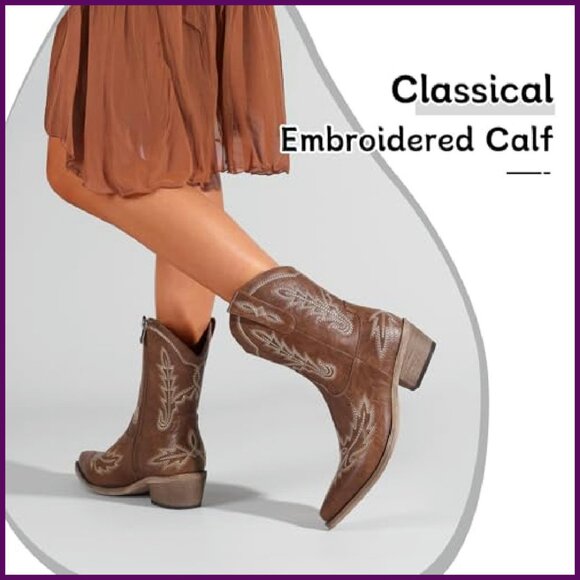 Women's Western Ankle Boots Rhinestone Embroidery Chunky Heel PU Leather - Picture 4 of 8